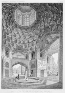 1856年パリのルメルシエによって出版されたHorace Lecoq（1802-97）とBoullayによって刻まれた、ペルシャの &39;Voyage Pittoresque&39;からのイスファハンの8つの楽園のパビリオン 作： パスカル・ザビエル・コステ